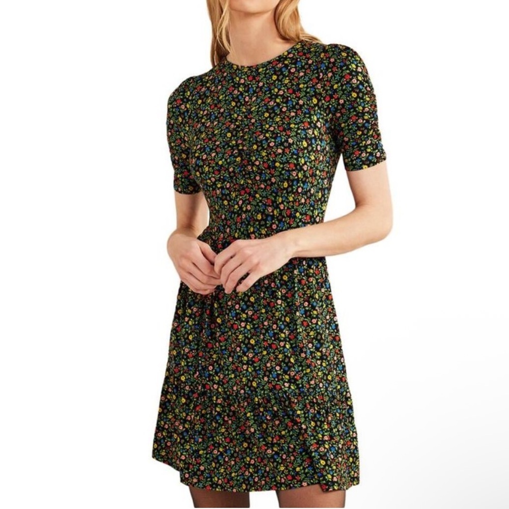 Boden Women’s Ruched Bust Jersey Mini Black Floral Dress Size 6 Long